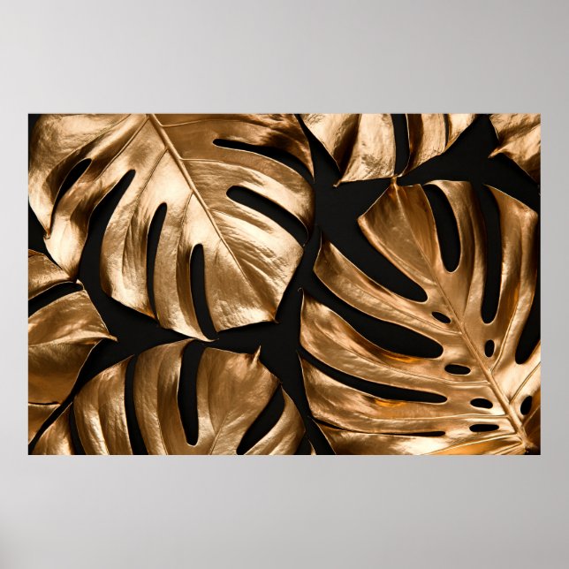 Guld monstera löv mönster poster (Framsidan)