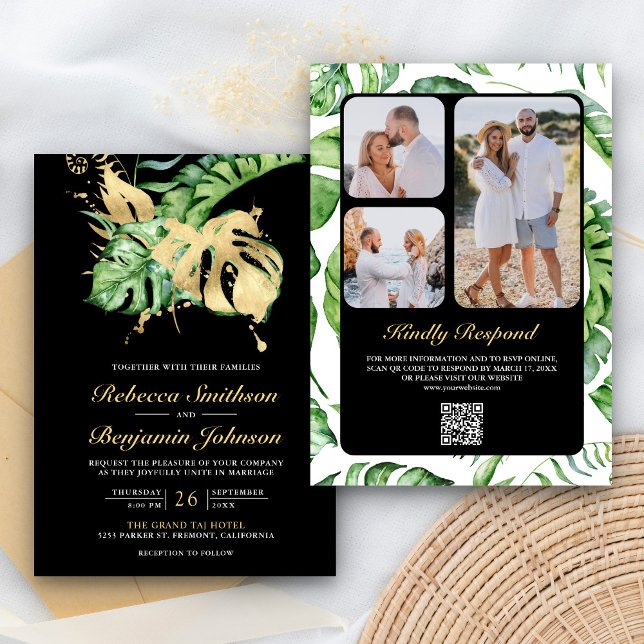 Guld Monstera Tropical Handflatan QR-kod, svart Br Inbjudningar (Skapare uppladdad)