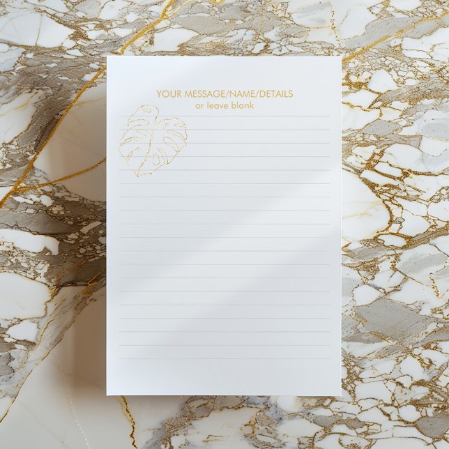 Guld Monstera-växten löv, guld-ostväxten inklädd Anteckningsblock (Minimalist lined notepad with gold monstera header and space for a custom message.)