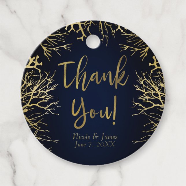 Guld & Mörk, blå Elegant koral Bröllop Gåvor Etiketter (Framsida)