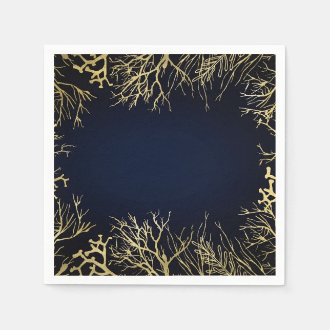 Guld & Mörk, blå Elegant koral Bröllop Pappersservett (Framsidan)