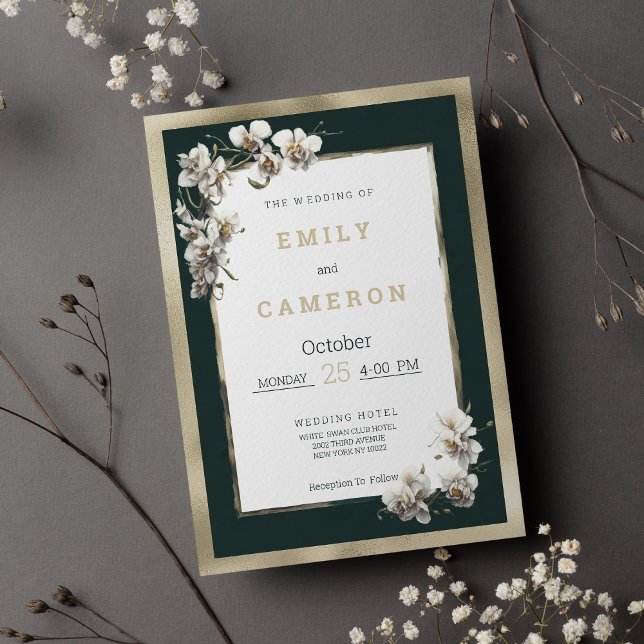 Guld mörk grönt vit elegant orchid Bröllop Inbjudningar (Gold dark green white elegant orchid Wedding )