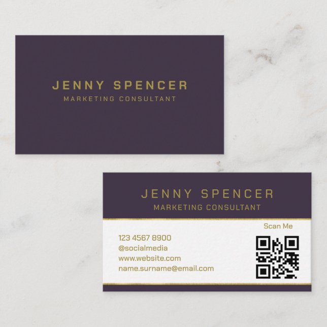 Guld mörk Lila Minimalistisk QR-Professionell, QR- Visitkort (Fram/baksida)