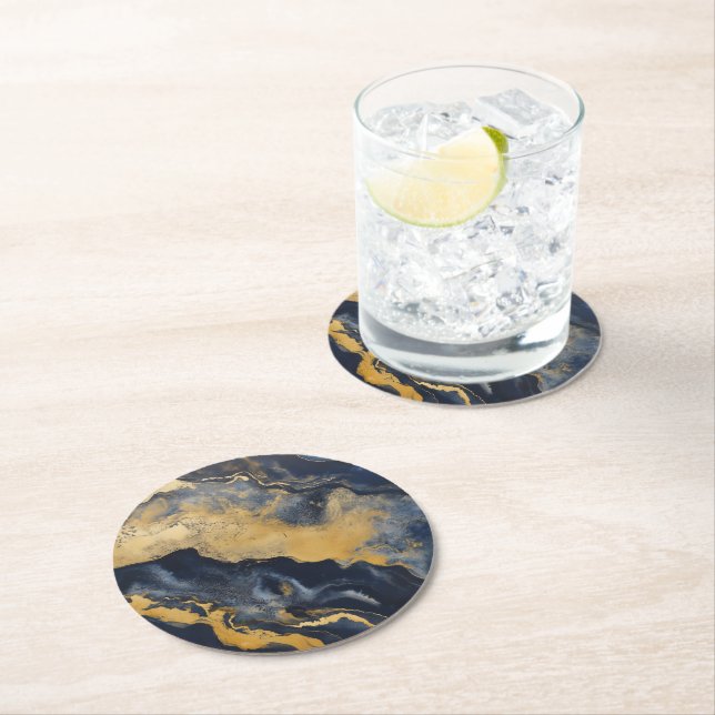 Guld Mörk Marble Mönster Underlägg Papper Rund (Insitu)