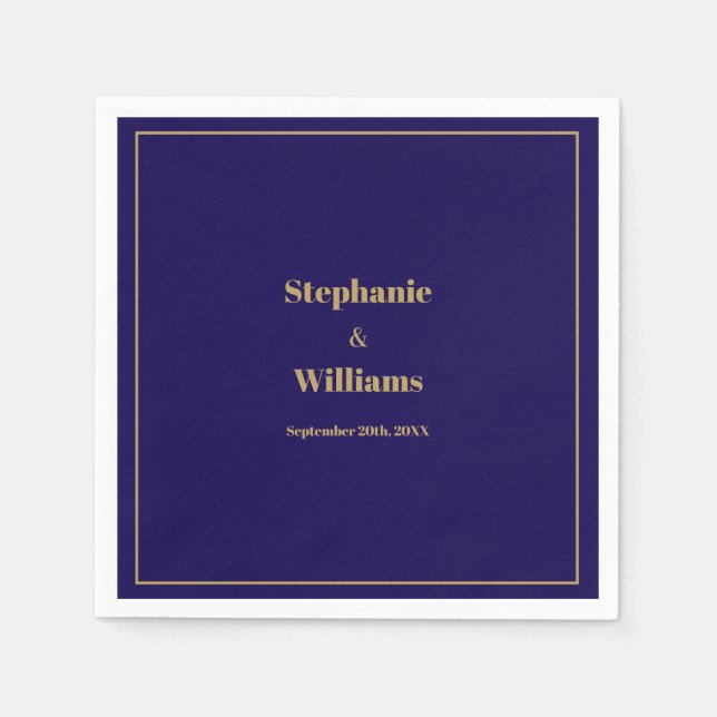 Guld Mörk, marin blå Elegant Modern Minimal Bröllo Pappersservett (Framsidan)