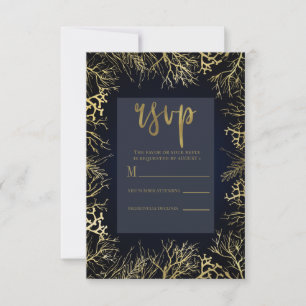 Guld & Mörk Navyblå Elegant Korall Bröllop RSVP OSA Kort