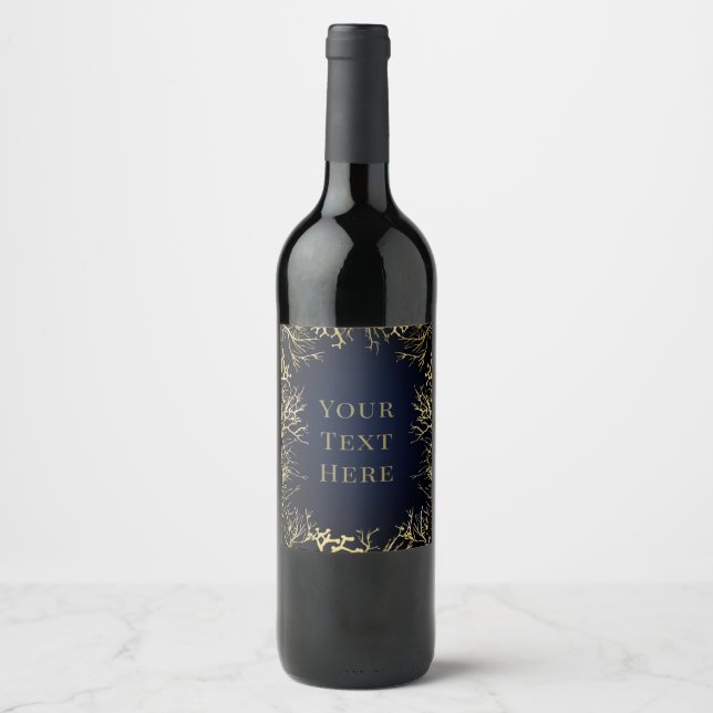 Guld & Mörk Navyblå Elegant Korall Bröllop Vinflaska Etikett (Framsida)