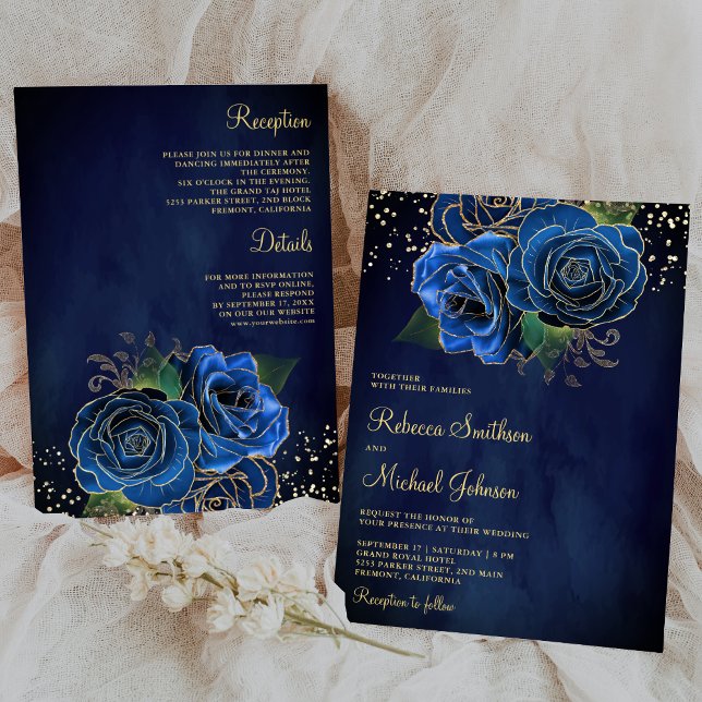 Guld Mörk Royal Blue Blommigt Alla i ett Bröllop Inbjudningar (Skapare uppladdad)