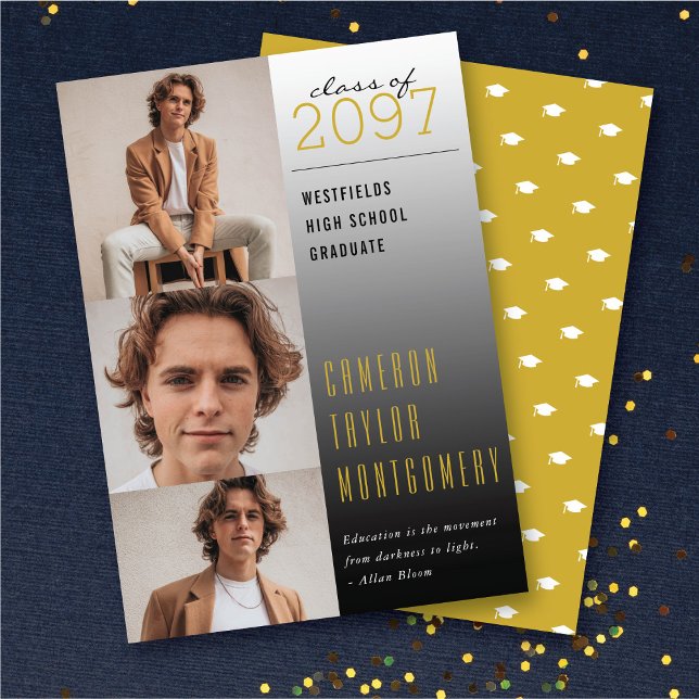 Guld Mörk till ljuscitat 3 fotomodern Studenten Meddelande (Gold Dark To Light Quote 3 Photo Collage Modern Graduation Announcement @ zazzle.com/color_therapy)