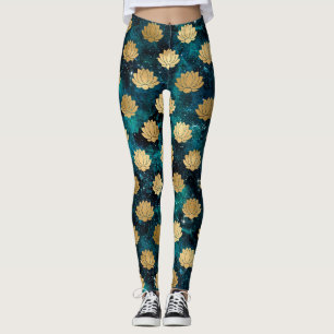 Guld & Mörkgrön Galax Dharma Mandala Mönster Leggings