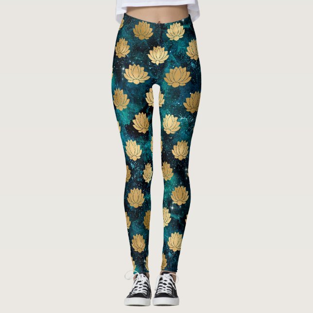 Guld & Mörkgrön Galax Dharma Mandala Mönster Leggings (Framsida)