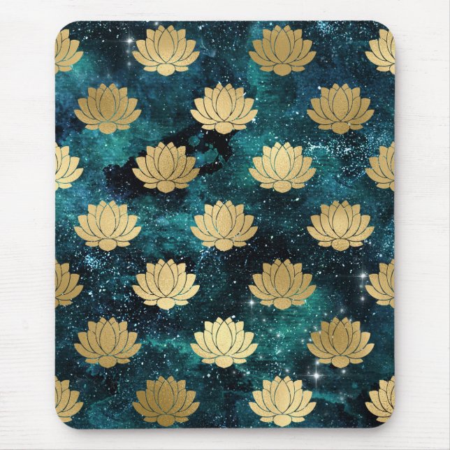 Guld & Mörkgrön Galax Dharma Mandala Mönster Musmatta (Framsidan)