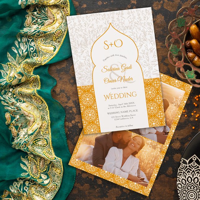 Guld Moroccan blommigt initialer 3 fotot bröllop Inbjudningar (Skapare uppladdad)