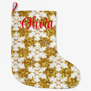 Guld mousserande glitter snöflingor stor julstrumpa