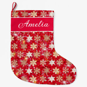 Guld mousserande glitter snöflingor stor julstrumpa