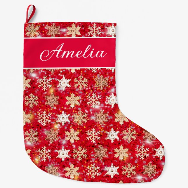Guld mousserande glitter snöflingor stor julstrumpa (Framsidan)