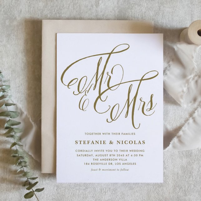 Guld Mr. och Rustic Calligraphy Bröllop Inbjudningar (Gold Mr. and Mrs. Rustic Calligraphy Wedding Invitation)