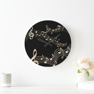 Guld Musik noter på det svarta mediet Stor Klocka