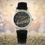 Guld musik noter svart namn armbandsur<br><div class="desc">Enkel och elegant för musiken älskare eller musiker! Svart bakgrund med faux guld musik noter. Mall för ditt namn,  golden brev. Golden klocka nummer.</div>