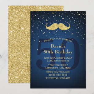 Guld Mustache Navy Blue 50:e Födelsedagsfesten Inbjudningar