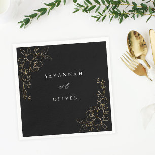 Guld-mynten Blommigt Namn Napkins - svart Pappersservett