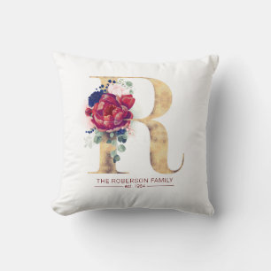 Guld N Monogram Blommigt Burgundy Red och Navy Blu Kudde
