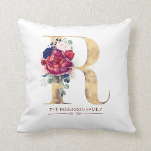 Guld N Monogram Blommigt Burgundy Red och Navy Blu Kudde