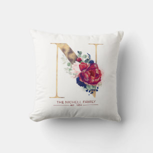 Guld N Monogram Blommigt Burgundy Red och Navy Blu Kudde