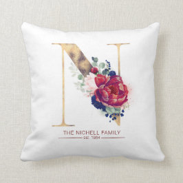 Guld N Monogram Blommigt Burgundy Red och Navy Blu Kudde