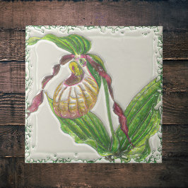 Guld n Red Dam Slipper Orchid Botanid Side View Kakelplatta