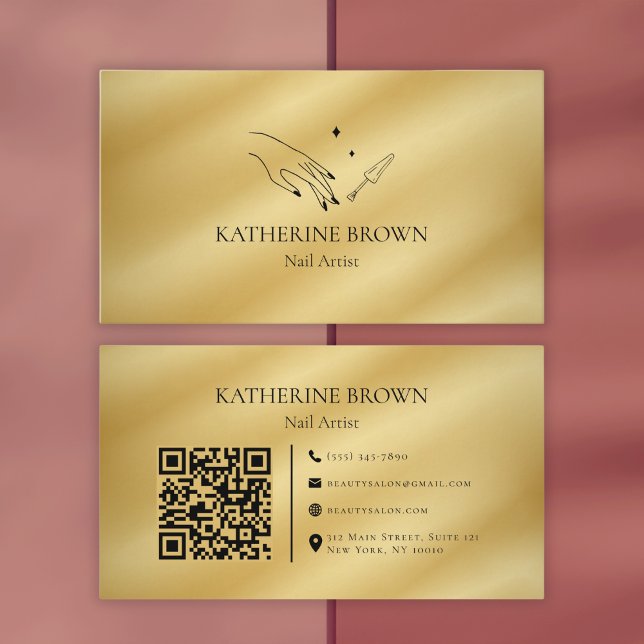 Guld Nail Artist QR-kod för Professioneller Visitkort (Elegant Gold Nail Artist Business Card with QR Code for Professionals)