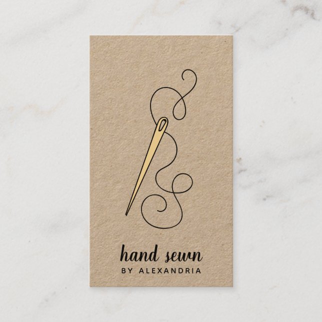 Guld Nål och tråd | Lodrät Rustic Kraft Visitkort (Framsida)