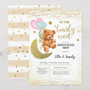 Guld Nalle Balloon Gender Reveal Party Inbjudningar