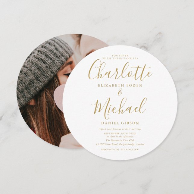 Guld Namnteckning cirkulärt skript, foto Bröllop Inbjudningar (Fram/baksida)