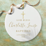 Guld Namnteckning Girl Boy Baptism Christening Julgransprydnad Keramik<br><div class="desc">Med gyllene skript namnteckning namn. Anpassa med din speciella baptism- eller döpinformation i chic guld. Designad av Thisisnotme©</div>