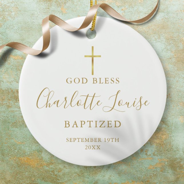 Guld Namnteckning Girl Boy Baptism Christening Julgransprydnad Keramik (Gold Signature Girl Boy Baptism Christening Ceramic Ornament)