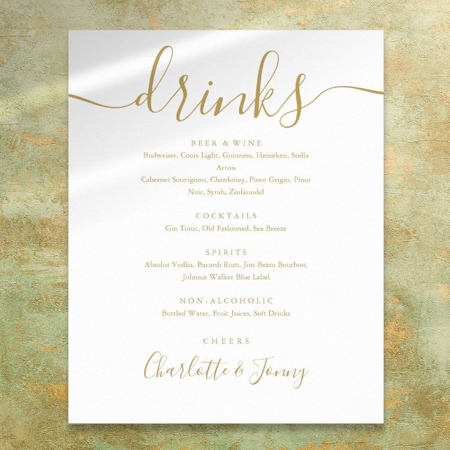 Guld Namnteckning menysignatur för skriptritningar Poster (Gold Signature Script Drinks Menu Sign)