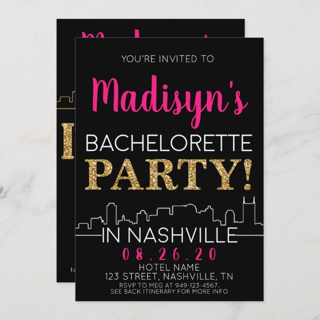 Guld Nashville Bachelorette Party Itinerary och Inbjudningar (Fram/baksida)