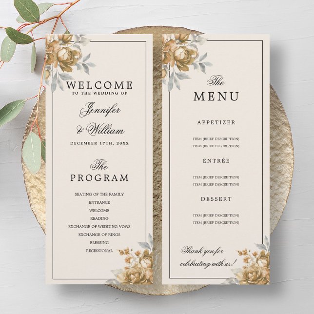 Guld Naturlig Rustik Blommig Bröllopsprogram Meny Inbjudningar (Gold Natural Rustic Floral Wedding Program Menu)