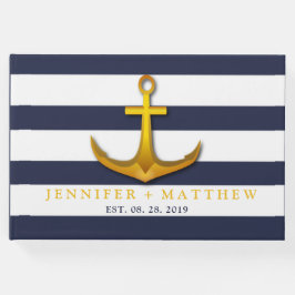 Guld Nautical Anchor Navy Blue & White Bröllop Gästböcker