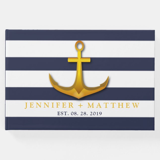 Guld Nautical Anchor Navy Blue & White Bröllop Gästböcker (Framsida)