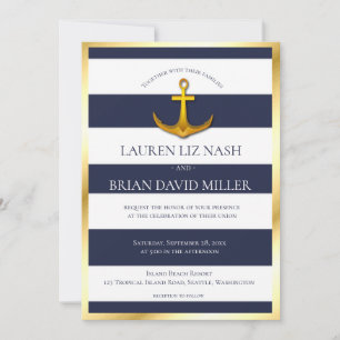 Guld Nautical Anchor Navy Blue & White Bröllop Inbjudningar