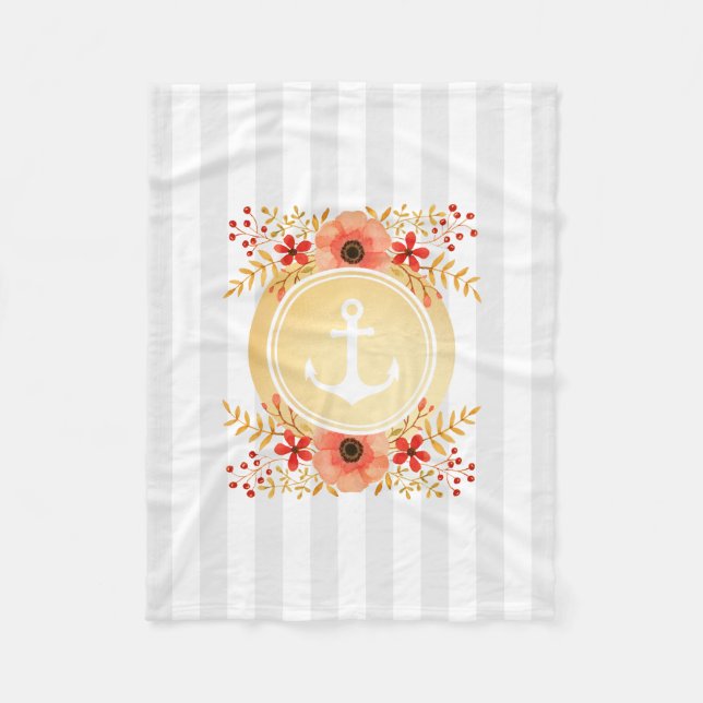 Guld Nautical Anchor Watercolor Blommigt Stripe Fleecefilt (Framsidan)