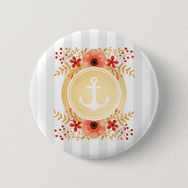 Guld Nautical Anchor Watercolor Blommigt Stripe Knapp (Framsida)