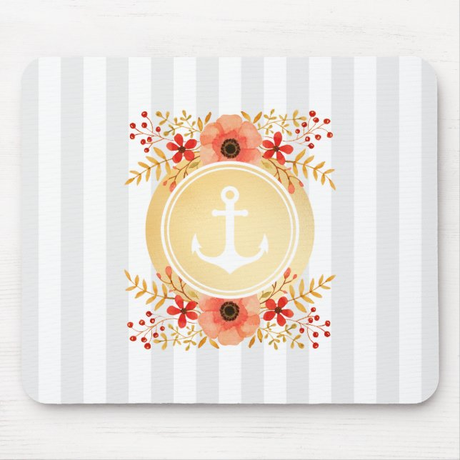 Guld Nautical Anchor Watercolor Blommigt Stripe Musmatta (Framsidan)
