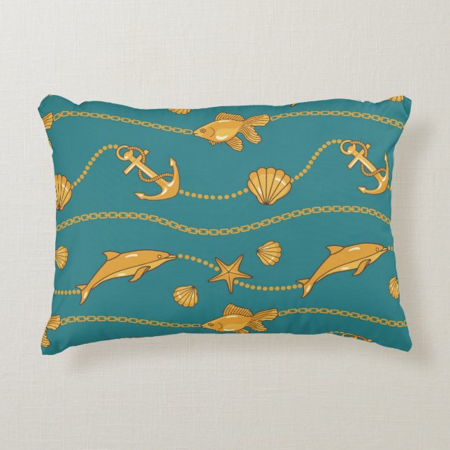 Guld- nautiskt mönster prydnadskudde (Framsidan)