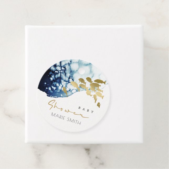 GULD NAVEL UNDERVATTEN SJÖ FISK BABYSHOWER GÅVOR ETIKETTER (På plats)
