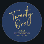 Guld & Navy 21st Birthday Party Favor tack Runt Klistermärke<br><div class="desc">Tack för den här enkla anpassningsbarna kommer snyggten att bli mer detaljerad på din speciella dag. Den här designen har ett modernt guld-skript som skriver " 21" med anpassningsbar text. Matchning av 21-årsinbjudningar och party-tillbehör finns i min butik BaraBomDesign.</div>
