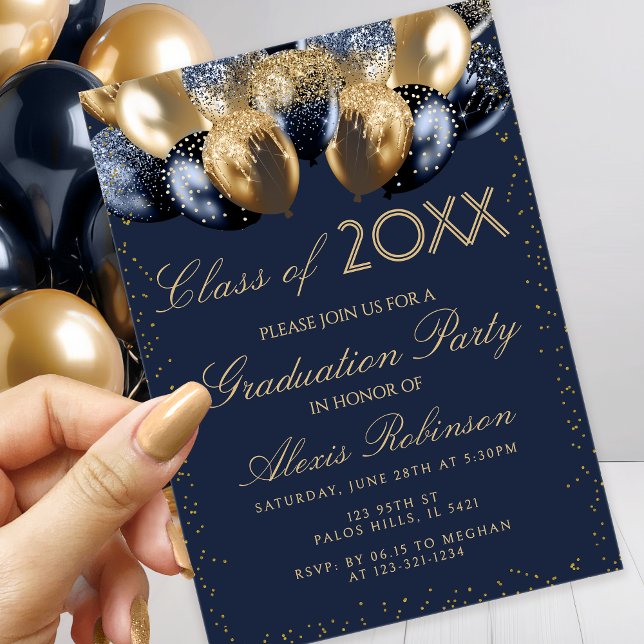 Guld Navy Blå Glitter Ballonger Examen Fest Inbjudningar (Skapare uppladdad)