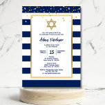 Guld Navy Blå Ränder & Stjärna David | Bar Mitzvah Inbjudningar<br><div class="desc">Elegant och modern Bar Mitzvah-design med falskt guldconfetti och marinblå och vit randig bakgrund.  Guldstjärna David.  Judisk firande övergångsrit / kom-of-age-ritual inom judendomen för pojkar. Falsk guld folie-formulering och confetti. All text kan redigeras med typsnitt och storlek.  Glöm inte att köpa matchande favoritklistermärken.</div>